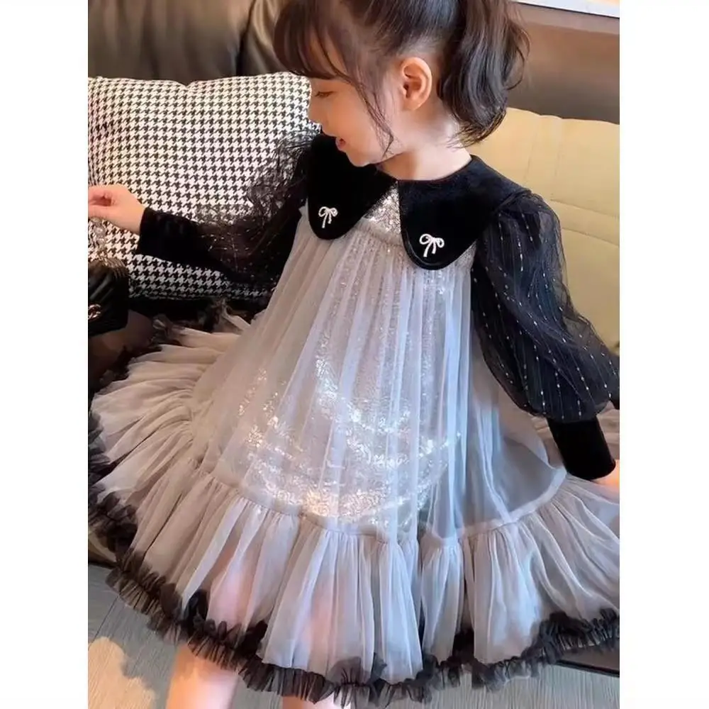 New Girls' Dress Doll Neck Sequin Bowknot Korean Version Fashion Princess Dress 2023 Spring and Autumn Girls' Clothing