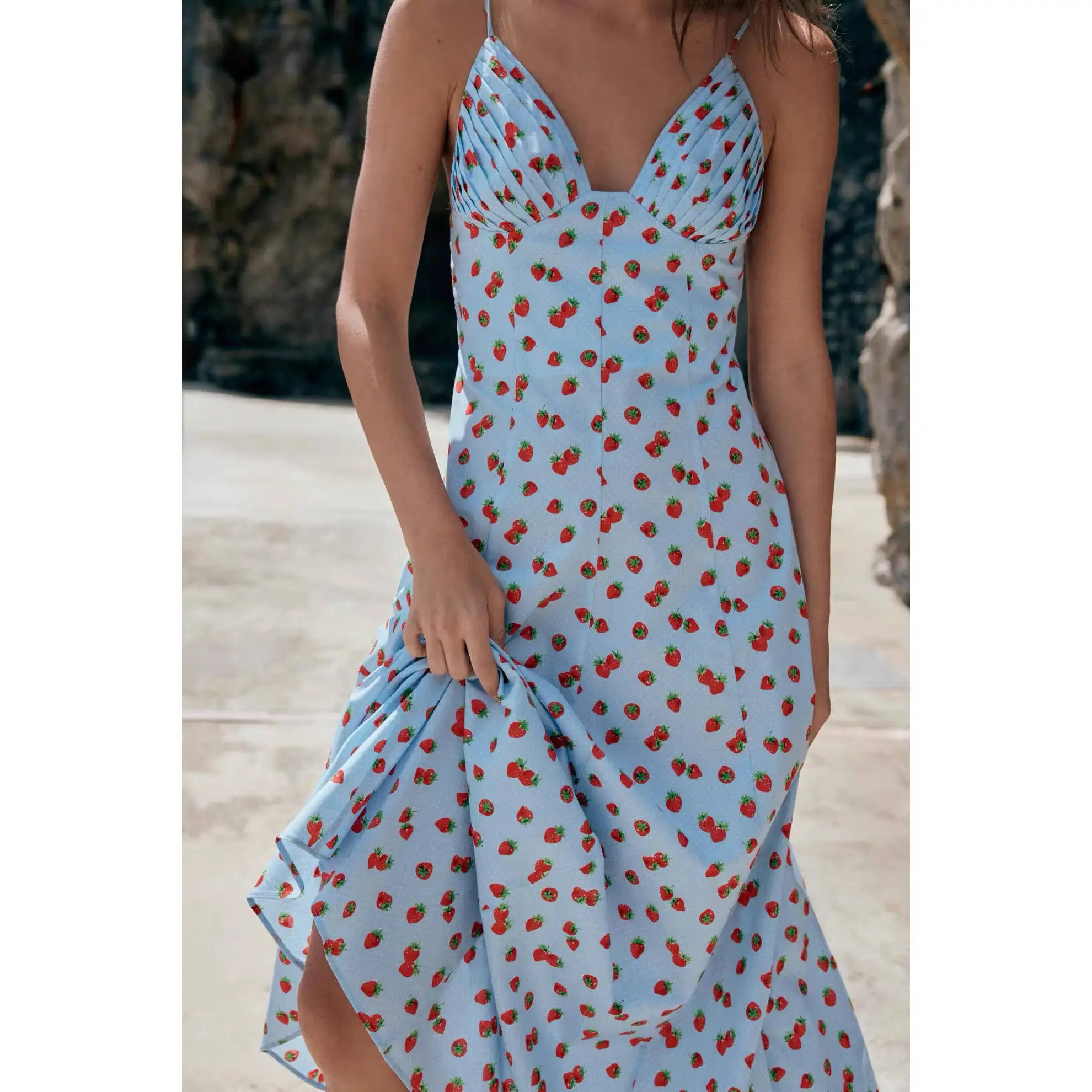 Spring Summer New Arrival Women's Fashionable Versatile V-neck Strawberry Print Strapless Dress Polyester Fiber A-line Skirt