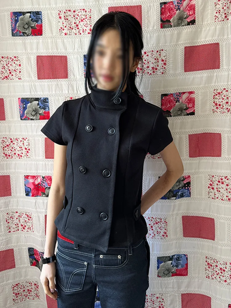 2026 Summer Women Vintage Double Breasted Stand Collar Short Sleeve Cropped T-Shirt Dark Academia Preppy Streetwear Top