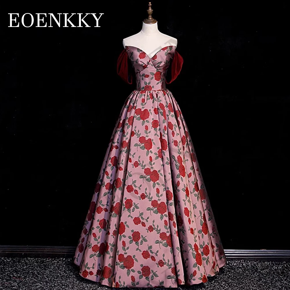 

Floral Print Luxury Prom Dress 2024 A Line Detachable Off Shoulder Graduation Dresses V Neck vestidos para eventos especiales