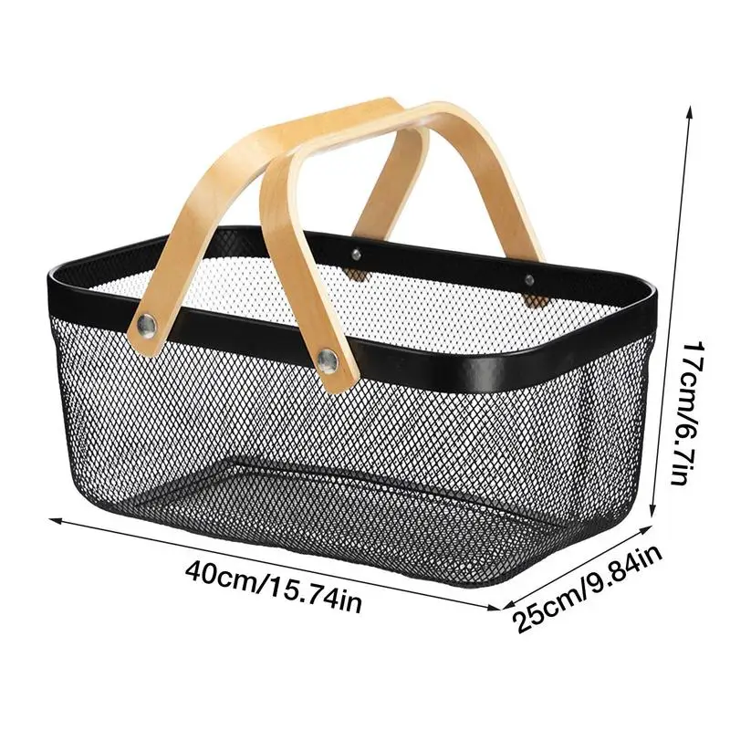 Metal Mesh Steel Basket Household Wire Mesh Storage Bin With Wooden Handle 40x25x17cm/ 15.74x9.84x6.7inch Household Storage