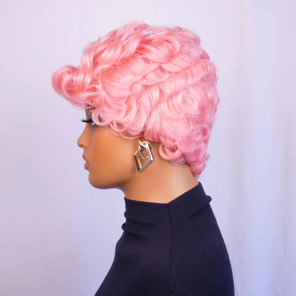 Wig Rambut Manusia Pendek dengan Poni Wig Potongan Pixie Pink untuk Wanita Kulit Hitam Rambut Manusia Remy Gaya Rambut Berlapis Wig Buatan Mesin