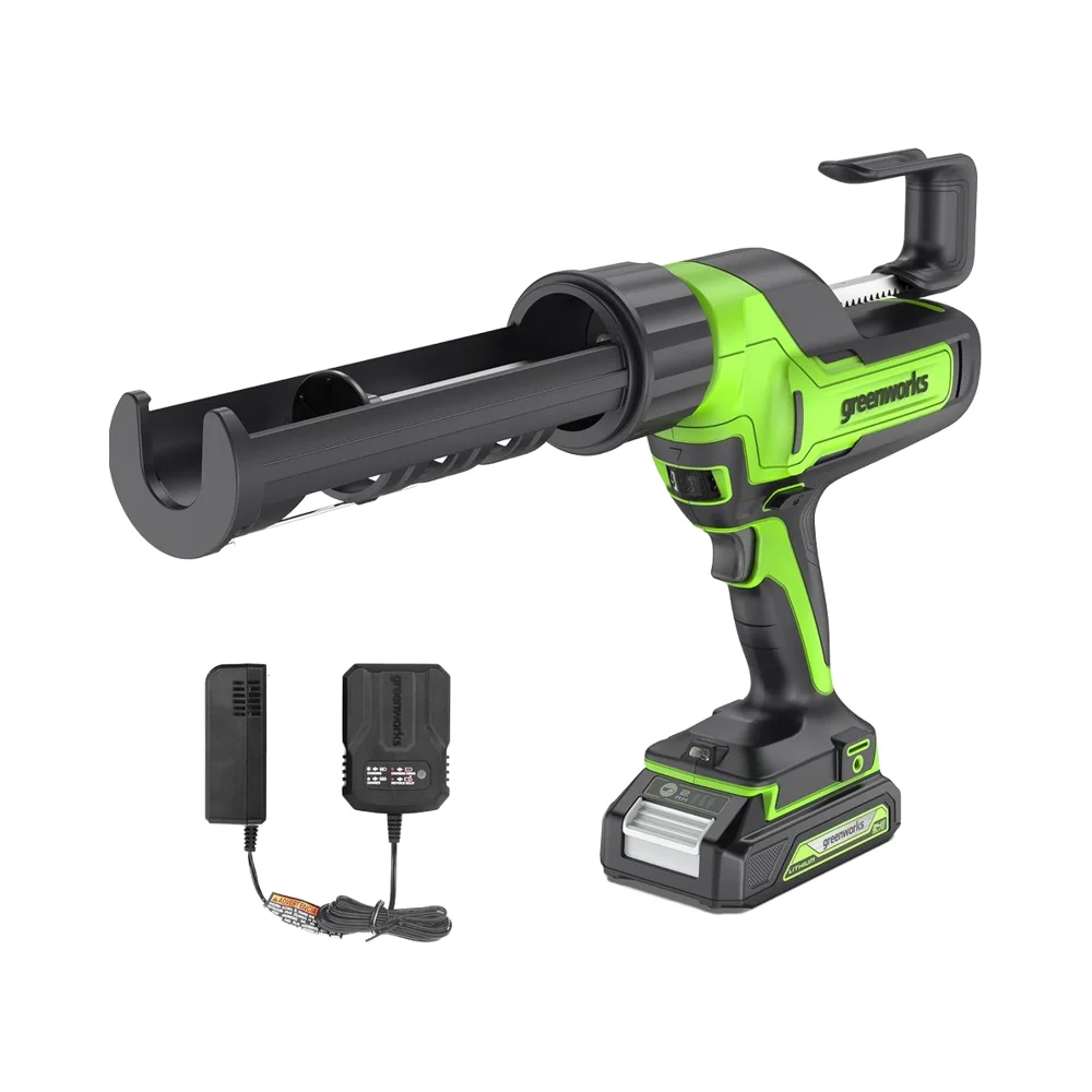 

Greenworks 24V Cordless 10 Oz. Caulk Adhesive Gun 6-Speed Anti-Dripping ABS Handle Aluminum Barrel 2Ah Battery Changer Electric