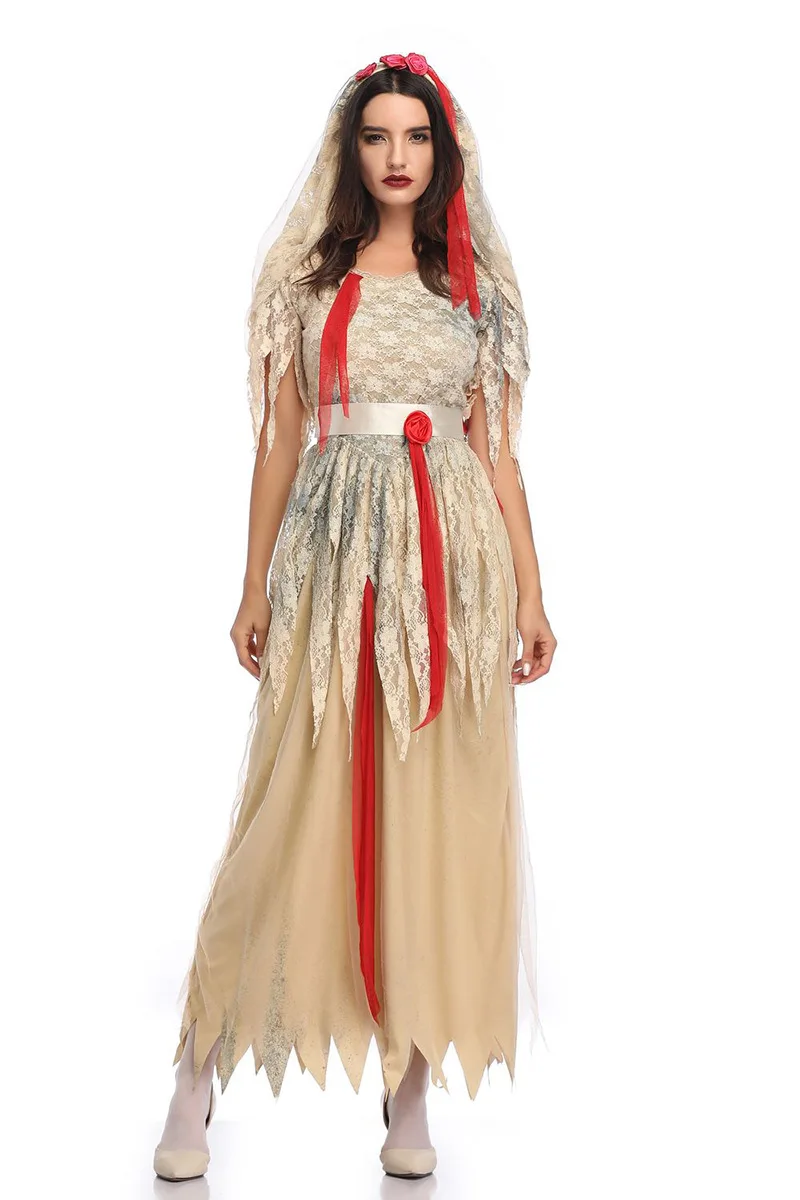 Fsia de Noiva Fsma de Terror de loween Tamanho ande Noiva Deus Morto Vestido de Renda Zumbi Fsia Étnica Femi...