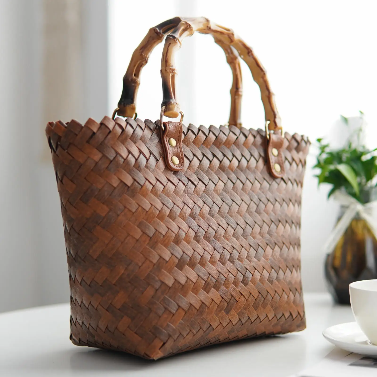 Bolso de Mano de Mimbre de Gran Capacidad, Bolso de Picnic Tejido de Bambú, Bolso de Hombro Estilo Retro Americano para Uso D...