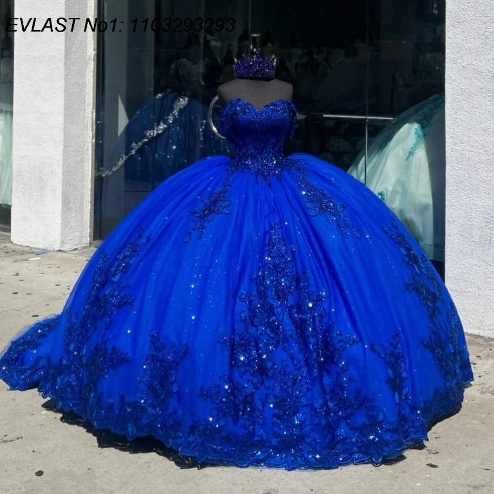 Evlast personalizado glitter azul real vestido de baile quinceanera vestido de renda brilhante apliques miçangas doce 16 vestidos de 15 anos e1q862