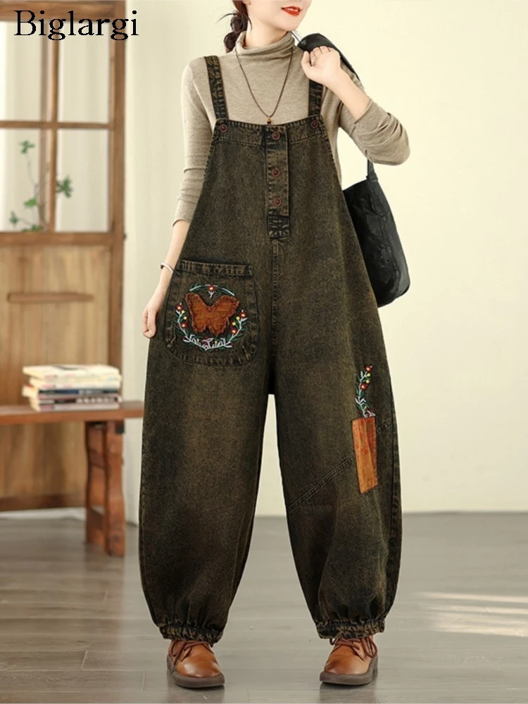 

Oversized Spring Denim Overalls Women Retro Butterfly Embroidery Fashion Ladies Jean Overalls Ethnic Style Loose Woman Jeans