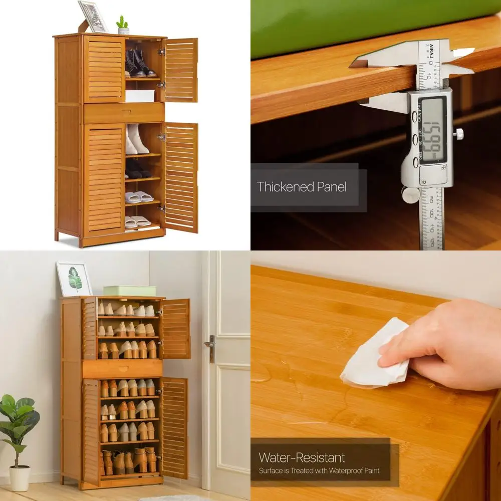 

Large Bamboo Shoe Storage Cabinet with Double Doors and Drawer, Holds 21-25 Pairs, Ideal for Entryway and Hallway