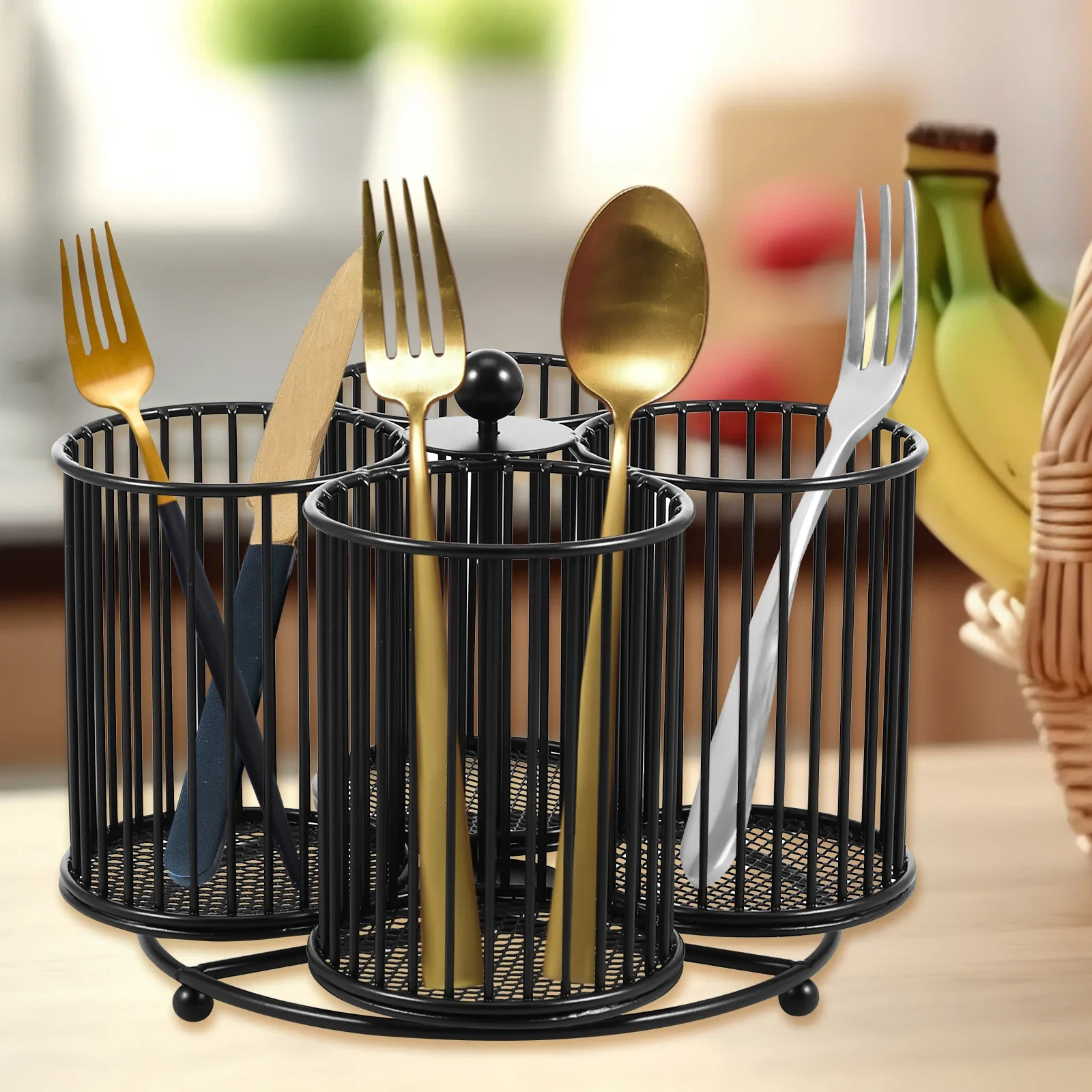 For 360 Degree Rotating Cutlery Holder 4 Compartment Flatware Storage Basket Portable Multipurpose Metal Utensil Caddy