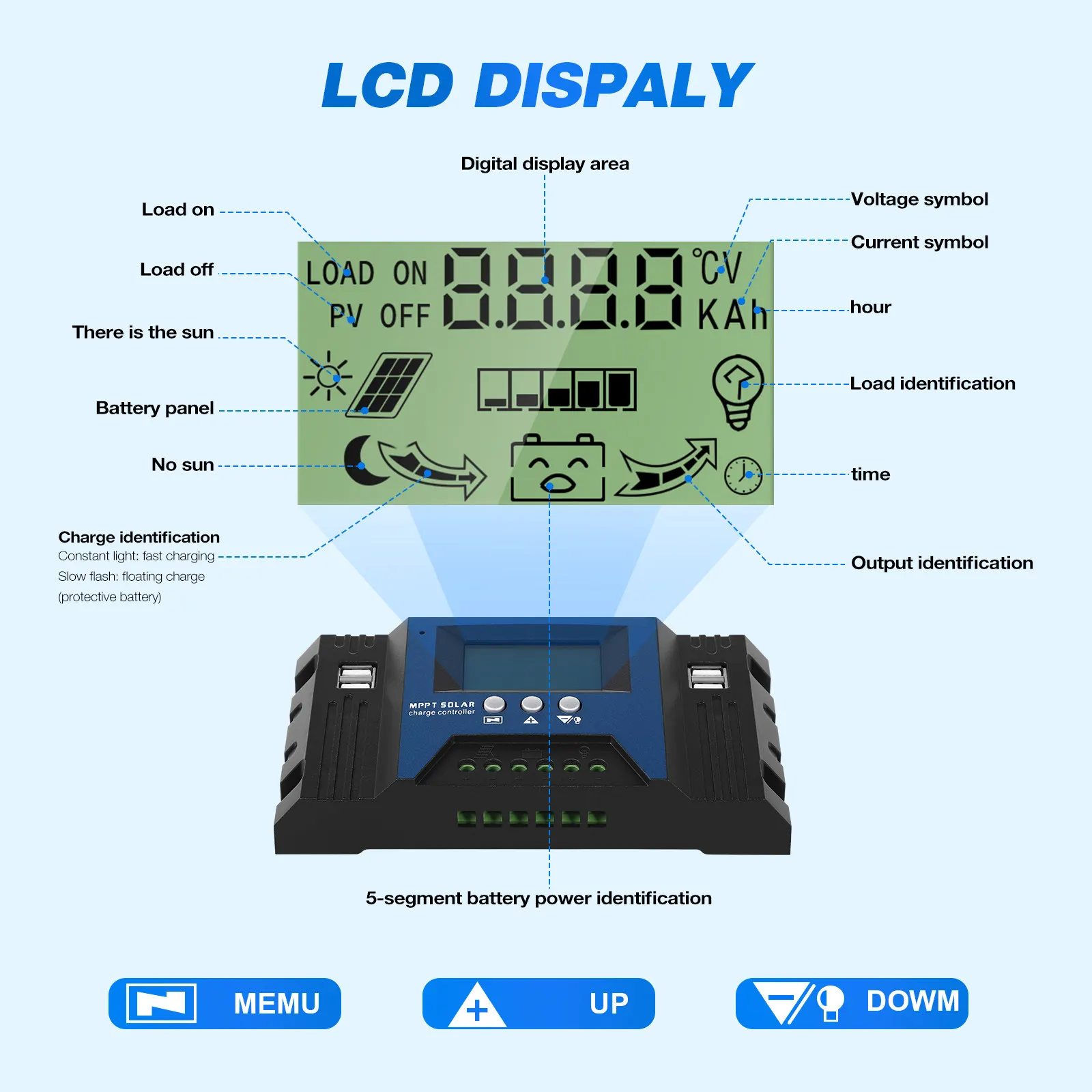 100A Mppt Solar Charge Controller 12V 24V LCD Display Adjustable Charging Discharging Light Time Delay Control High Conversion