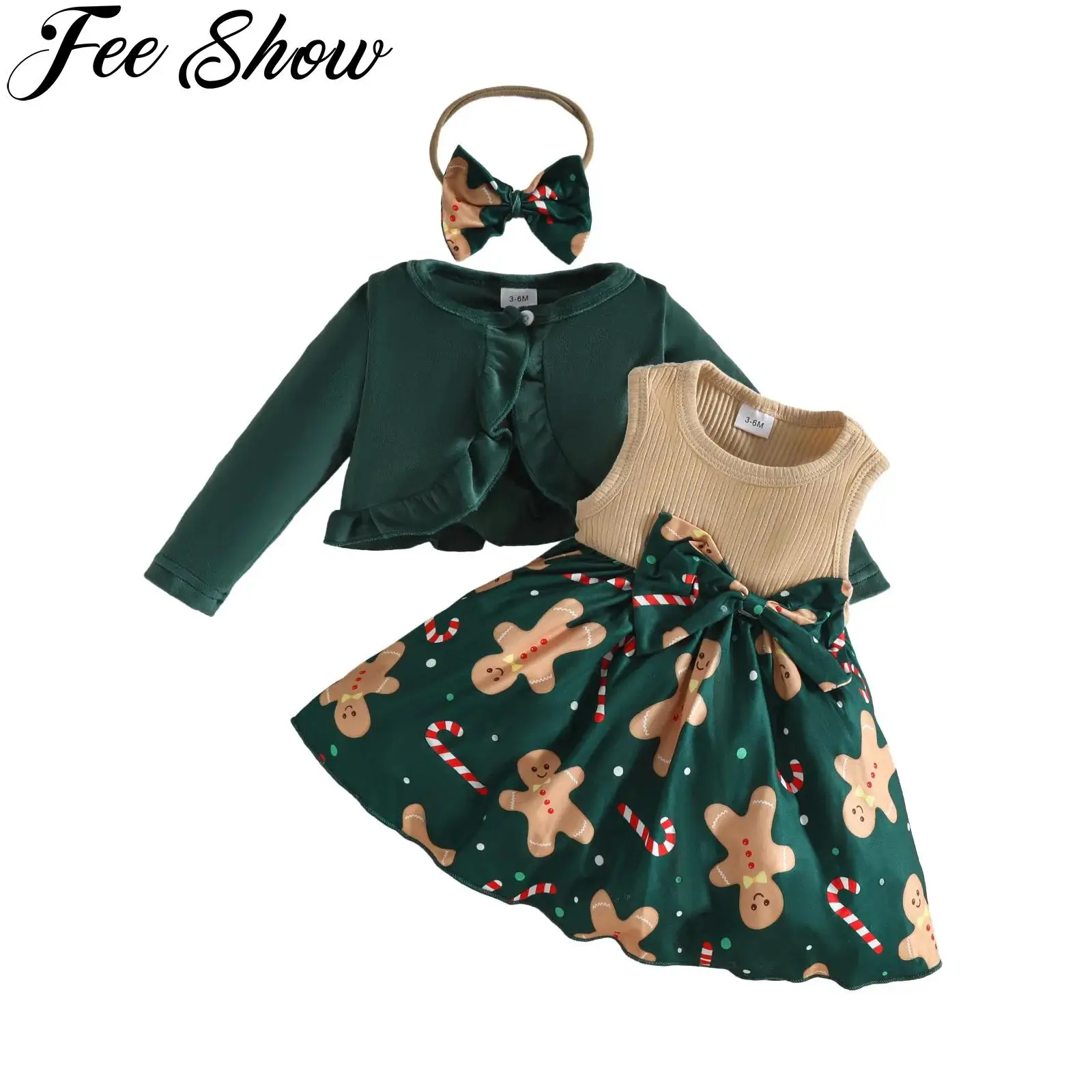 

Toddler Baby Girls Christmas Dress Outfit Long Sleeve Velvet Cardigan with Xmas Cute Printed Princess Dresses Bow Headband Set