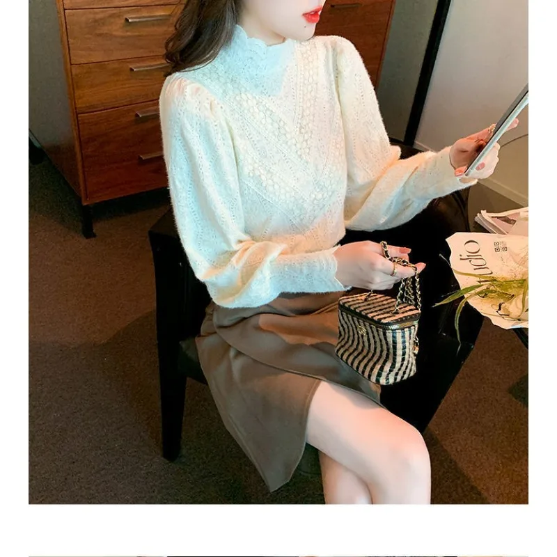 Women Blouse Women\'s Turtleneck Lace Lantern Sleeve Autumn Winter Korean Fashion  Top Bottoming Blusas Ropa De Mujer N28