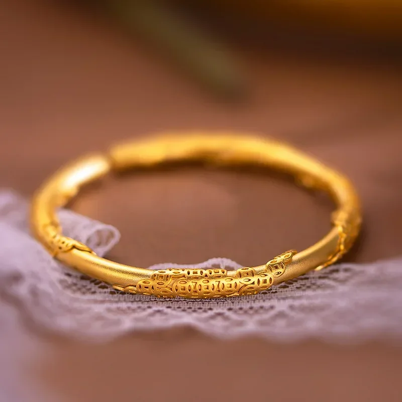 

24K Yellow Gold Money Bracelet, 999 Real Gold Ancient French Round Stick Bangles for Women Fashion Jewelry Gift