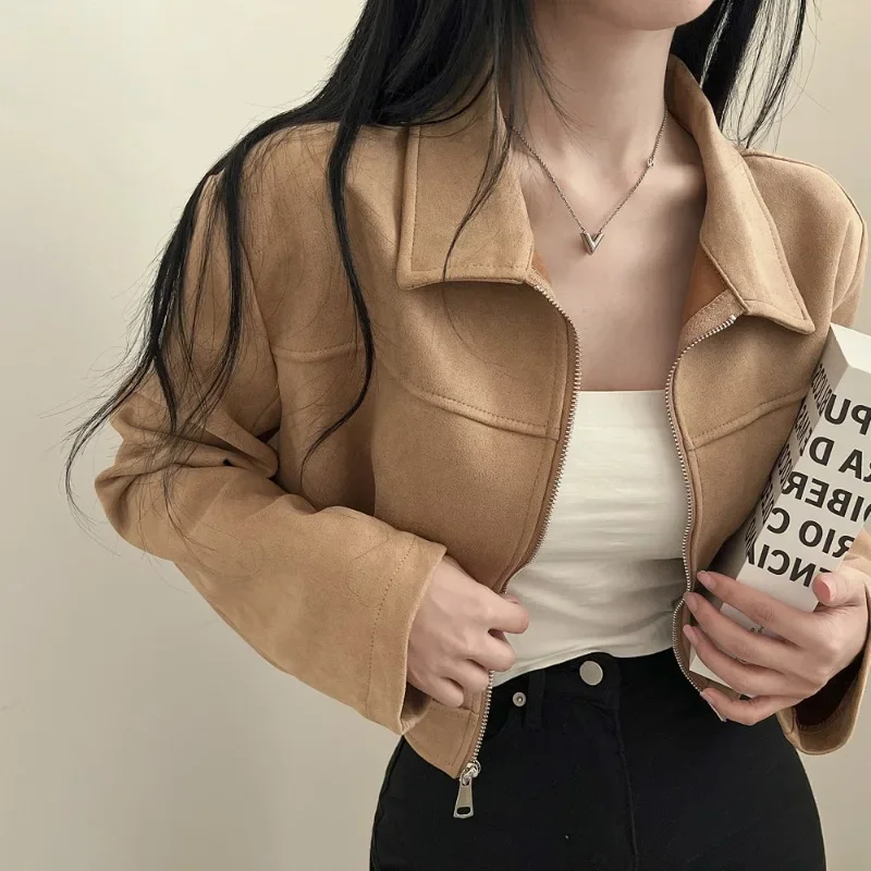 Korean Style Autumn French style Vintage Simple Slimming Versatile Zippered Lapel muntjac skin Velvet Short Jacket For Women