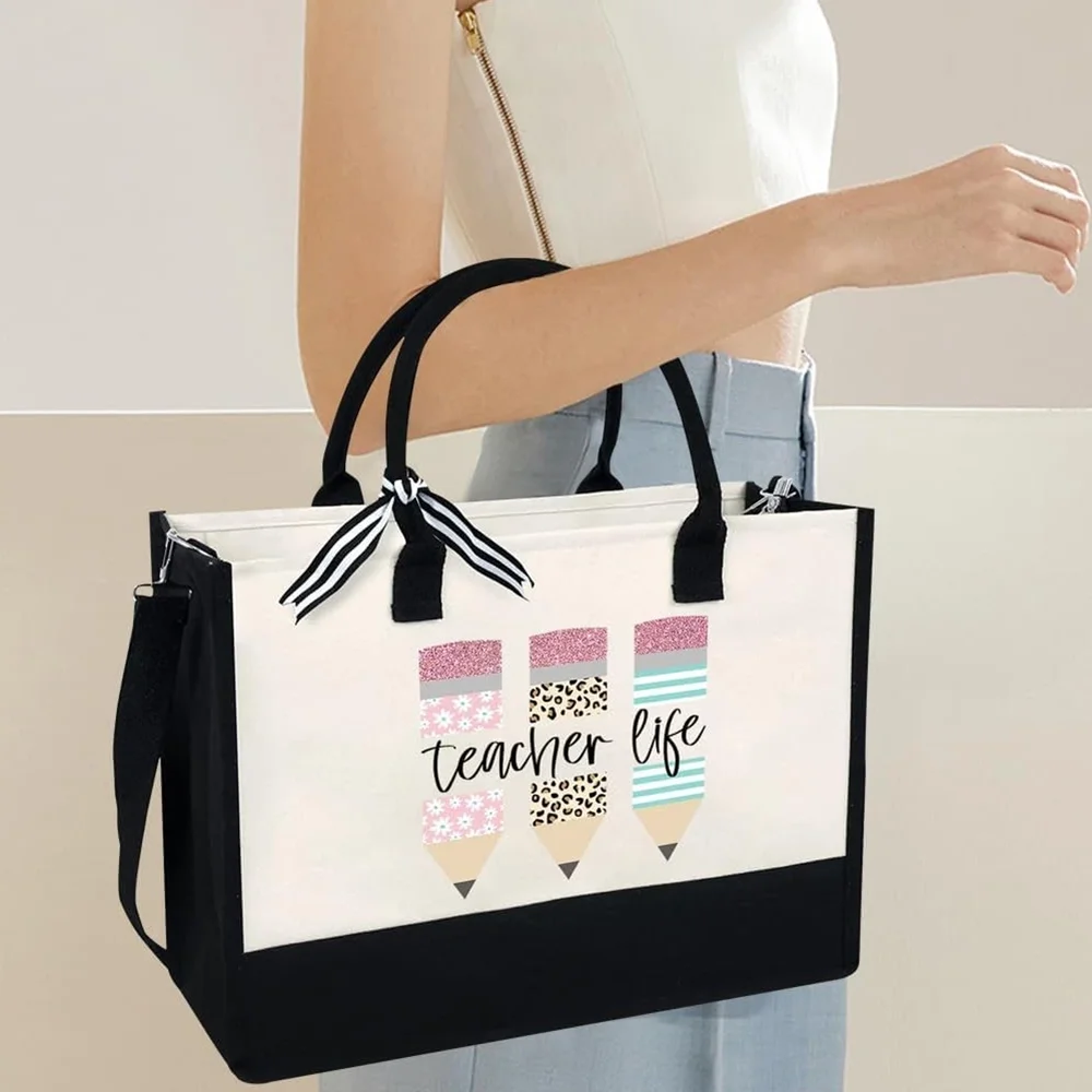 

1Pcs 16.9*11.8*7.8 Inch Teacher Life Tote Bag with Straps Thank You Gift for Mentor Back To School Gifts for Teachers Graduation