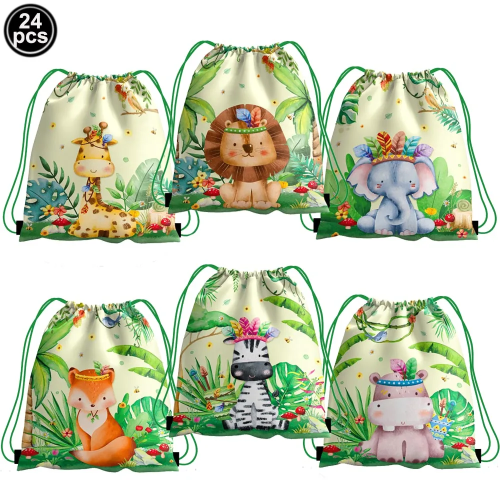 

24pack 13.4*10.6inch Jungle Drawstring Bags with Giraffe Lion Elephant Fox Zebra Printed Baby Shower Jungle Birthday Party Decor