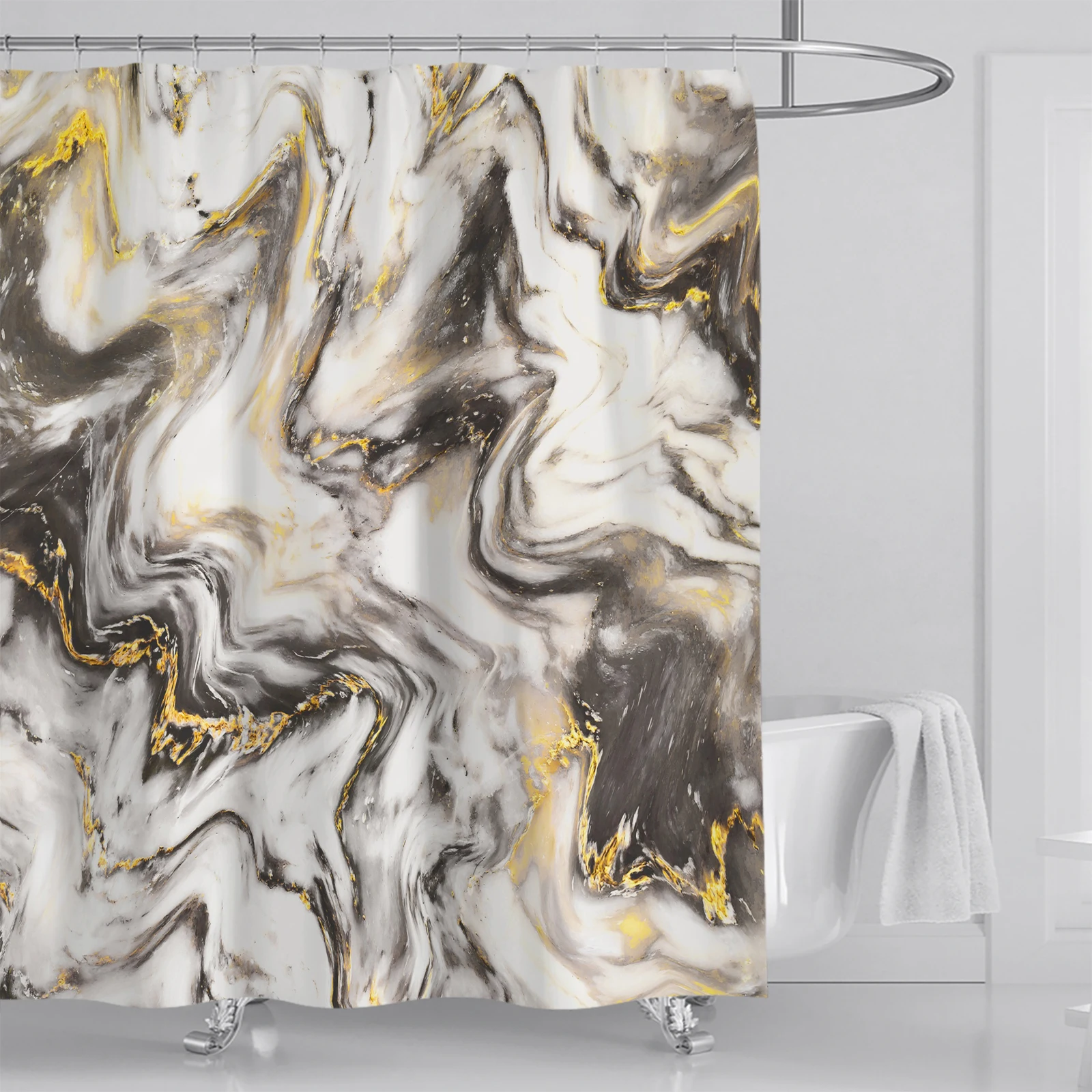 Abstract Marble Shower Curtain Blue Green Purple Jade Texture Gold Stripes Ombre Watercolor Paint, with Hooks