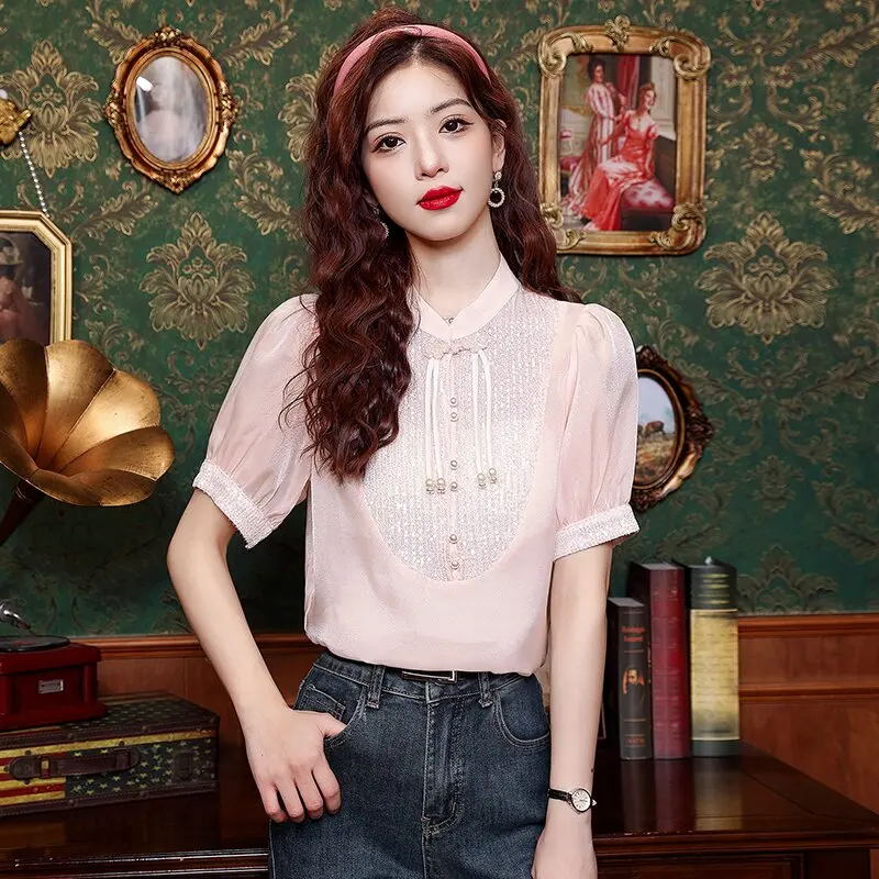 

Блестящая шелковая блузка из смесового шифона с пайетками, женская, летняя, новая модель, тонкая, с коротким рукавом, на пуговицах, с воротником-стойкой, в традиционном китайском стиле