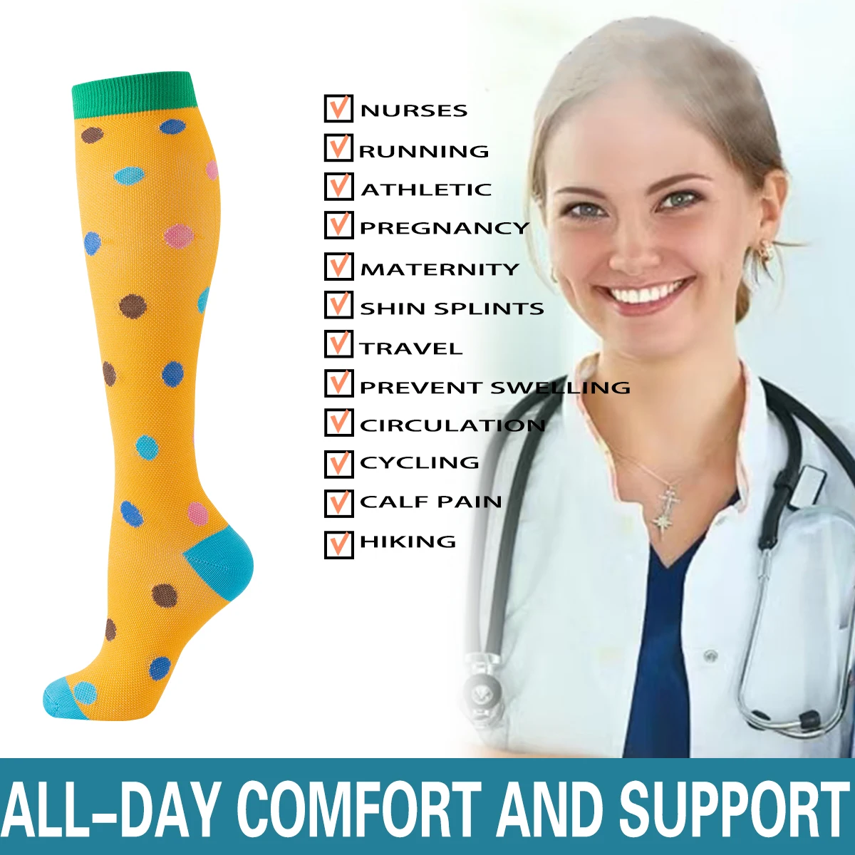 6 أزواج من جوارب الساق الرياضية الممرضة بنمط نقاط بسيطة ومثيرة للاهتمام هدية عيد الأم هدية عيد ميلاد بنمط نقاط البولكا المضغوطة