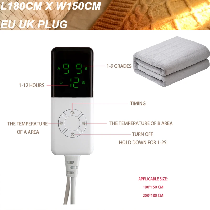 

140W Extra Large Electric Blanket UK EU Double Size Heated Mattress Pad Safe Warming Blanket for Family Winter Bed Heating Pad