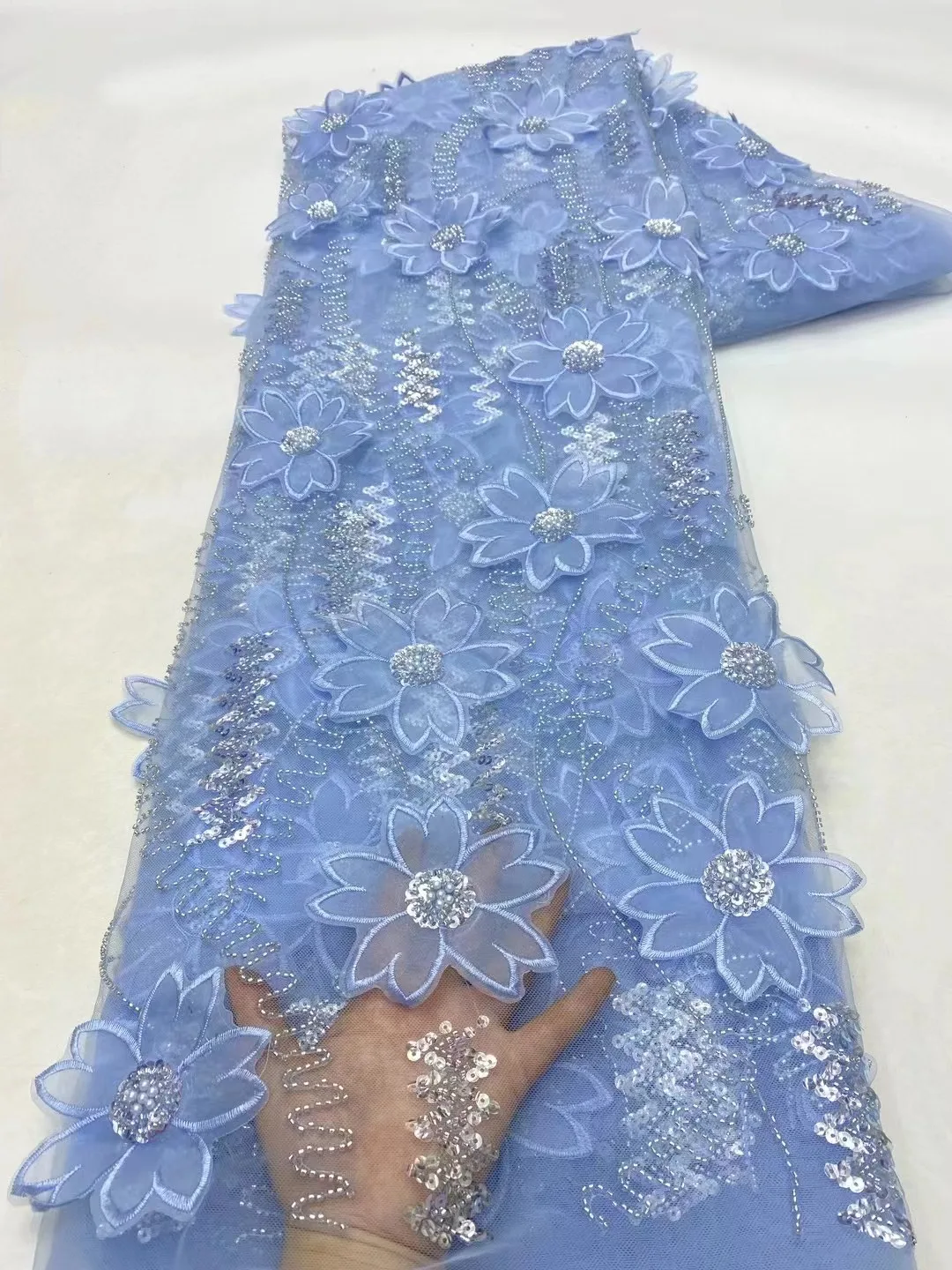 

2024 Luxury African Lace Fabric 5 Yards Dubai 3D Beaded Tulle Lace Fabric Embroidered Flower Nigerian Fabric For Sewing