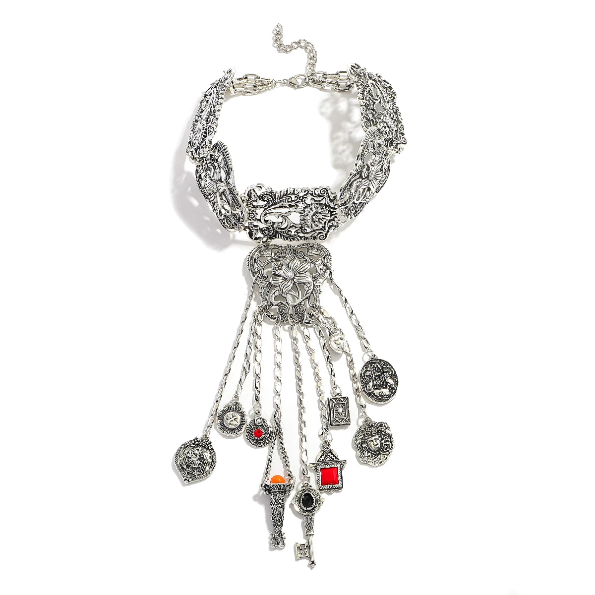 

Indian Style Flower Charm Choker Tassel Necklace Female Bohemia Baroque Luxurious Banquet Jewelry Wedding Bride Matching Torques