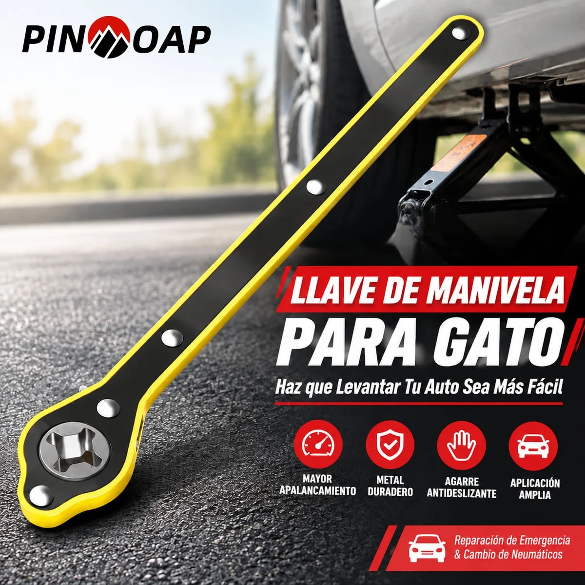 Llave de manija para gato de coche tipo cruzado PINMOAP con palanca larga, empuñadura antideslizante negra y amarilla para coches, SUVs y MPVs, herramienta para cambio de neumáticos.