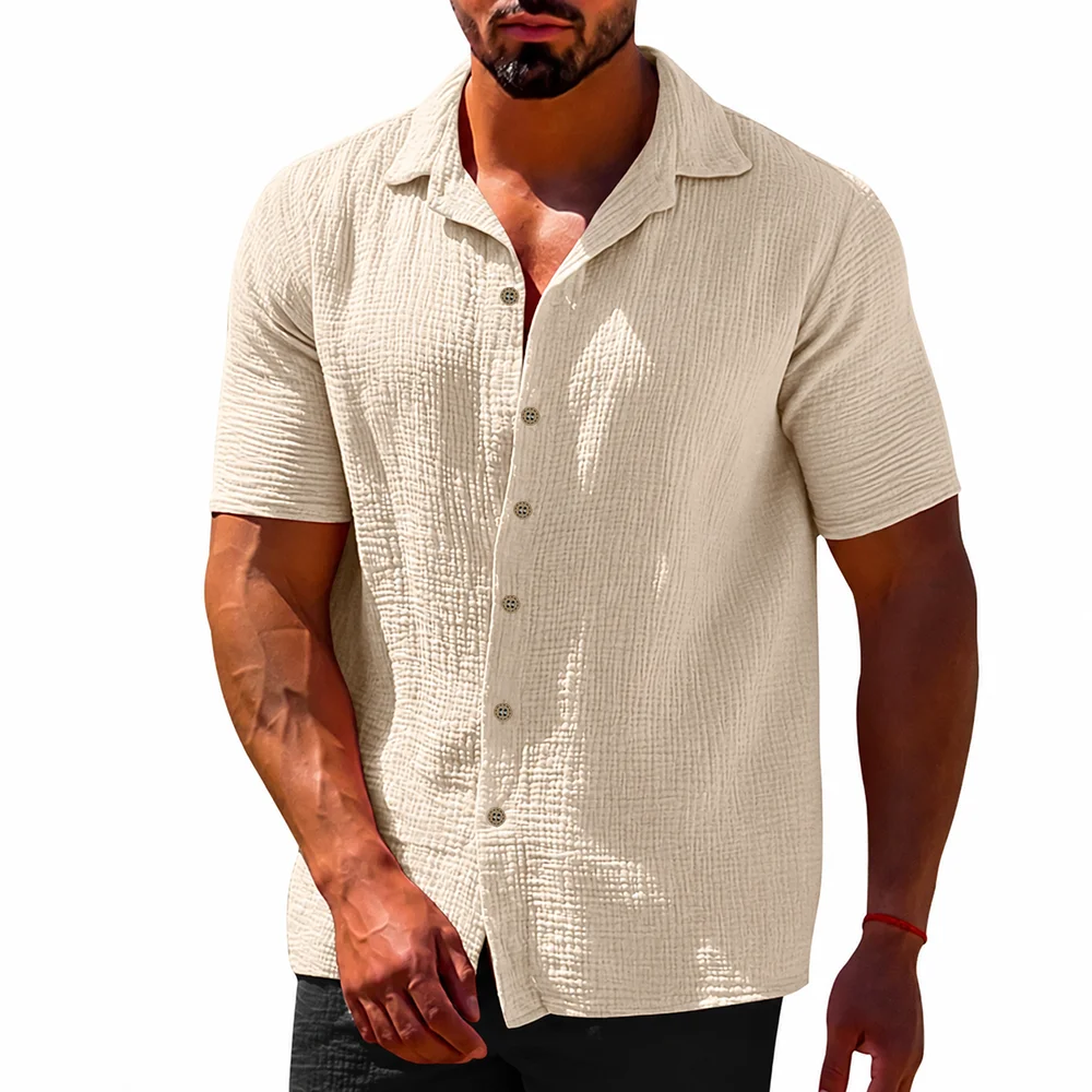 Men's Casual Shirt Solid Color Breathable Lightweight Fashion Cuban Collar Single Breasted Classic Simple Style Short Sleeve Top