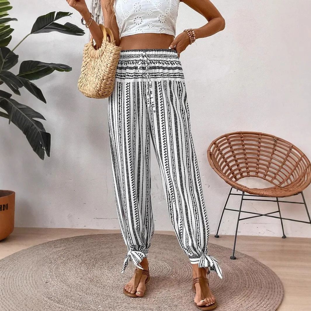 Women Cuffed Striped Pants Mid Waist Lightweight Relaxed Fit Trousers Harem Tie Cuff Crop Pants Side Slit Loose Fit Ankle Pants
