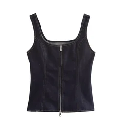 PB&ZA2024 autumn new women's clothing fashion temperament slim fit casual versatile zipper denim vest top