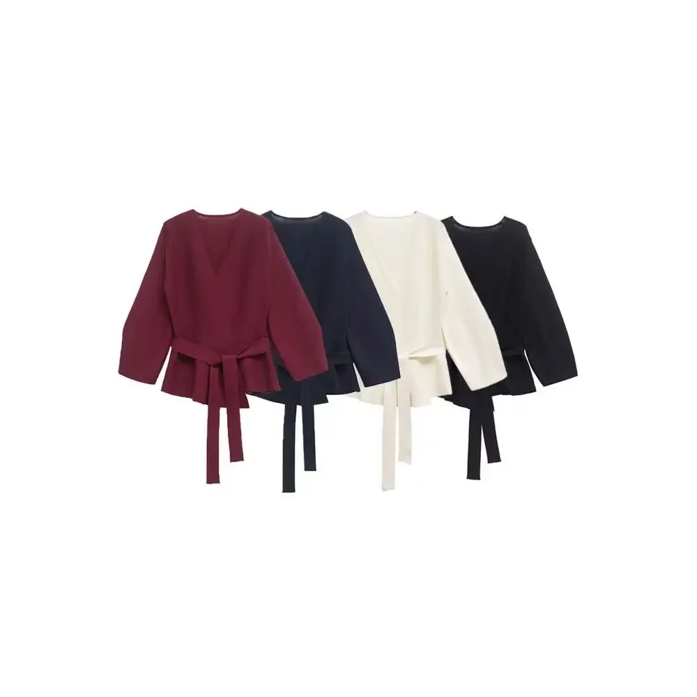 

Вязаный кардиган с V-образным вырезом и поясом для женщин, весенняя мода, премиум-качество, другие материалы, 00%