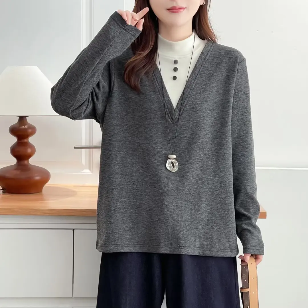 XXXXL mode grande taille femme vêtements T-Shirt automne hiver nouveau Style col montant polaire chaud à manches longues Base hauts 8650