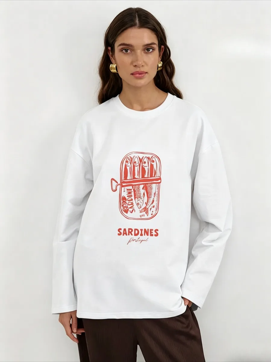 Women's  Fashion Small Fresh Printed Loose Long Sleeved T-shirt Spring Autumn Trendy Streetwear Top Basic Base Shirt