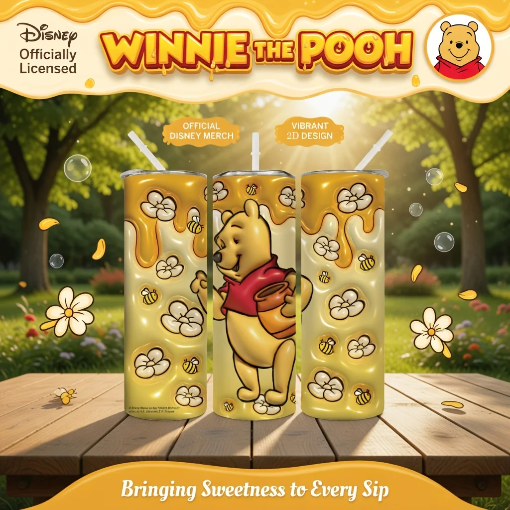 1pc 20oz Winnie the Pooh Holding a Jar of Honey Print Stainless Steel Tumbler Insulated Travel Coffee Mug with Lid & Straw