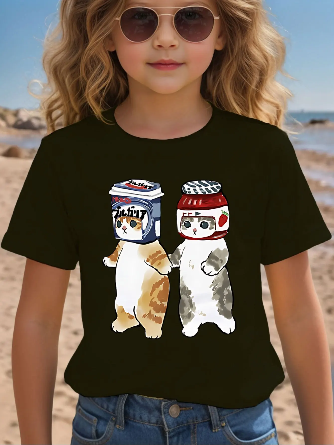 Lovely Hand In Hand Jar Helmet Cats Print Kids T Shirt Boys Girls Family Matching Parent Child Summer Crew Neck Casual Tee