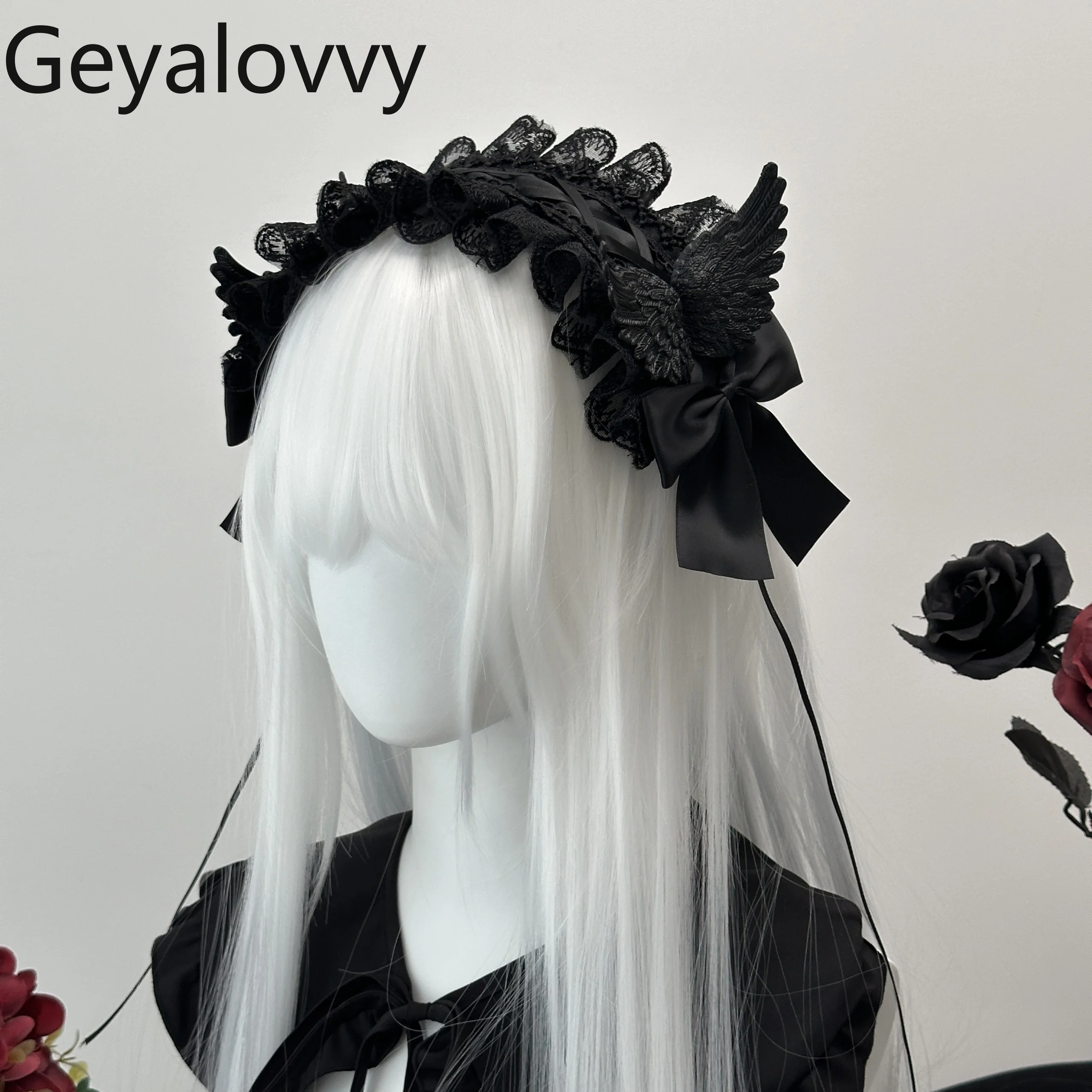 

Punk Goth Black White Angel Wings Headband Halloween Subculture Dark Hair Accessories Cosplay Lolita Bow Headband Women