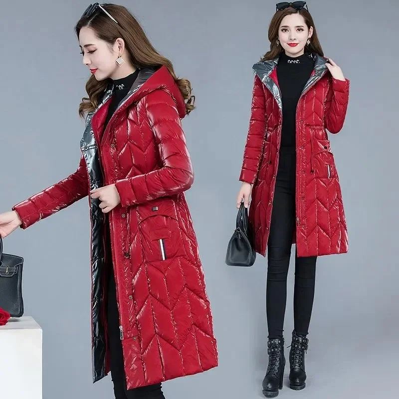 

Fashion New Winter Jackets Thick Warm Women Parkas Shiny Down Cotton Padded Jacket Slim Hooded Mid-Lenth Outerwear Female Coats