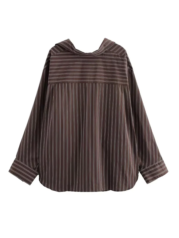 TRAFZA, blusas de otoño para mujer, camisas de calle femeninas de un solo pecho con botones de manga larga y cuello vuelto a rayas lisas a la moda