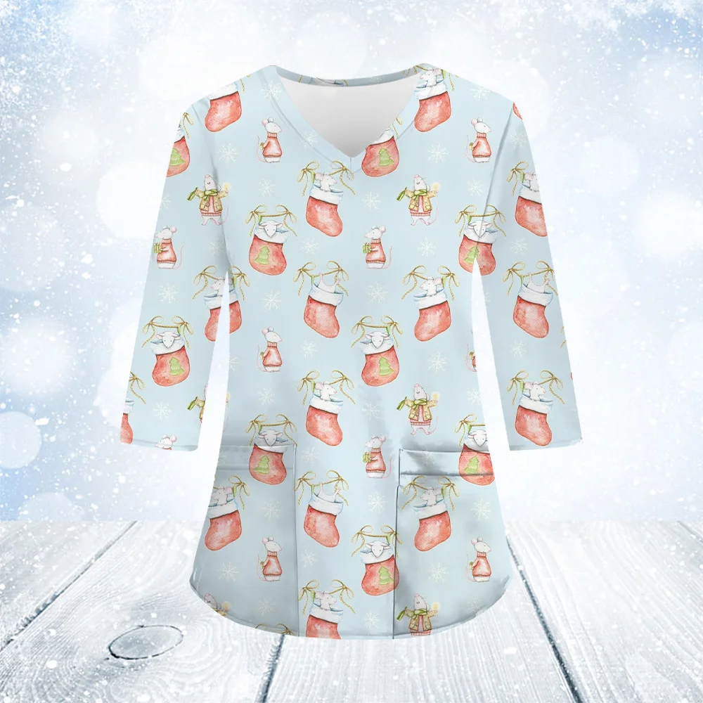 2024 nuevo Scrub médico mujer Navidad estampado de dibujos animados cuello pico manga larga bolsillos Material microelástico Tops uniforme de enfermera mujer