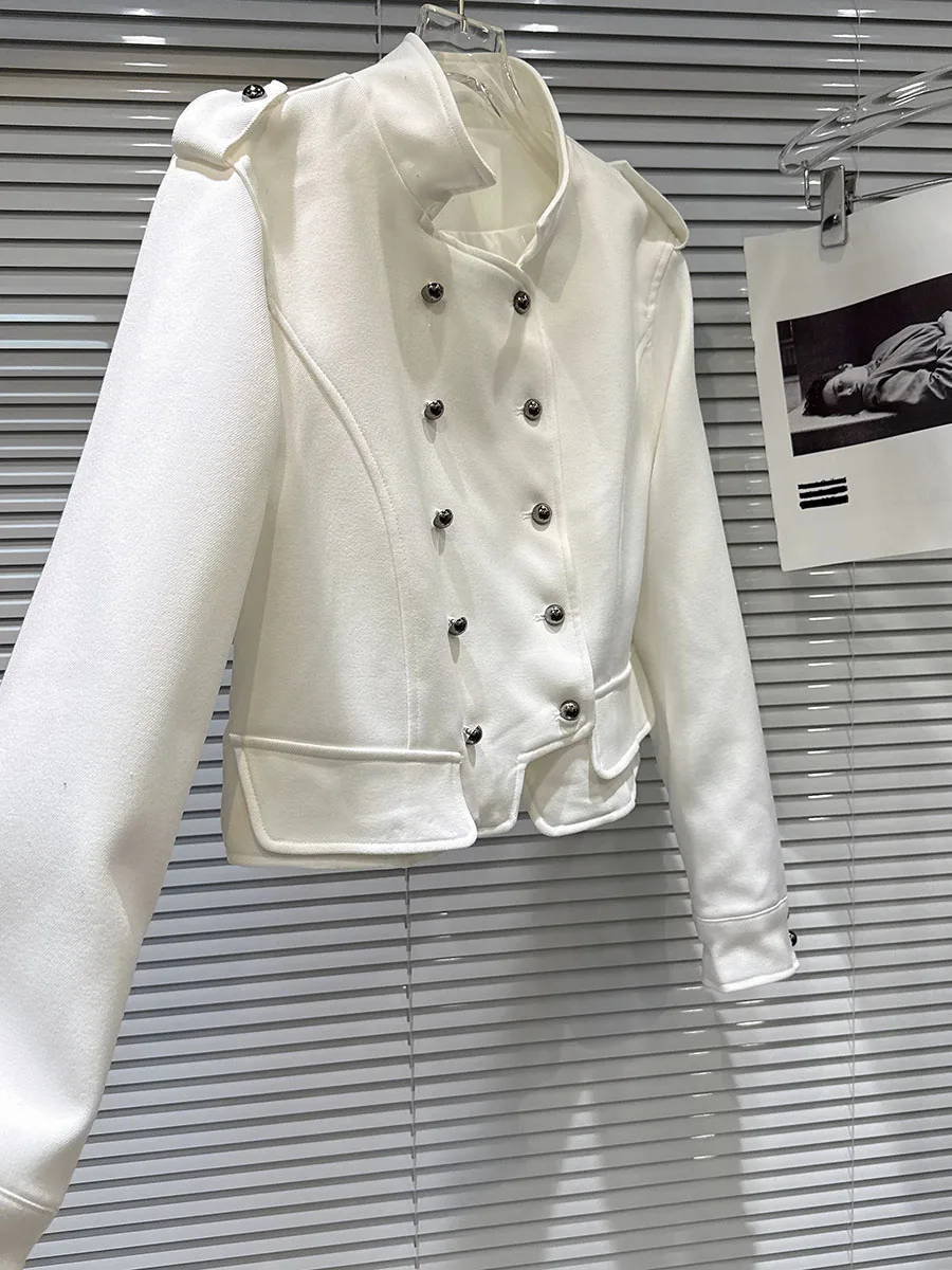 GALCAUR Epaulet Spliced Strap Slimming Solid Jacket for Women Stand Collar Long Sleeve Patchwork Button Casual Jackets Female