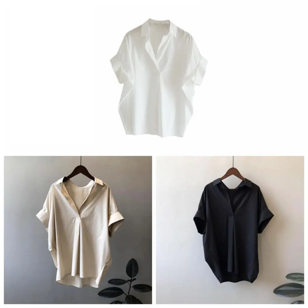 Camiseta con cuello en V y cuello abatible para mujer, Top corto, blusa holgada de manga corta Y2K, camisetas básicas elegantes, camisas de verano