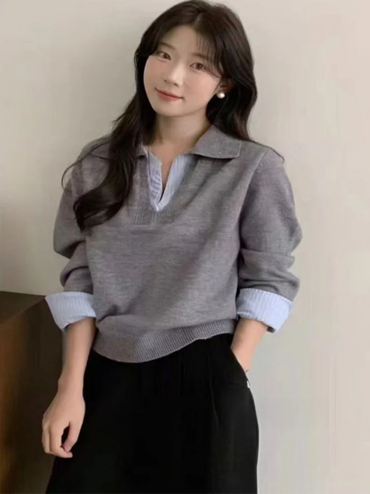 

Elegant Stripe Color Block Long Sleeve V-Neck Top Women's Casual Style Spring New Slimming Lazy Fashion Fake Two-Piece Knitte...