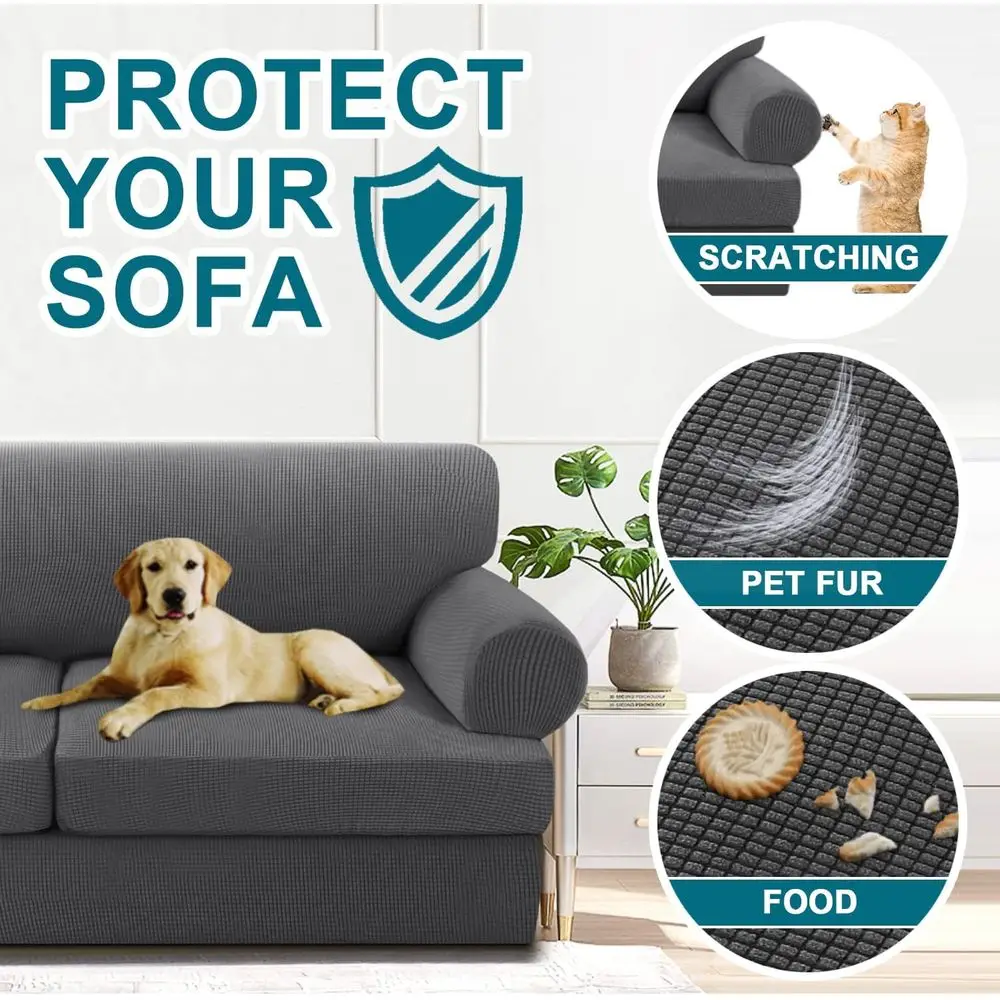 Gray 3-Piece Stretch Sofa Slipcover Set with T-Cushion Covers, Machine Washable for 2-Cushion Sofa