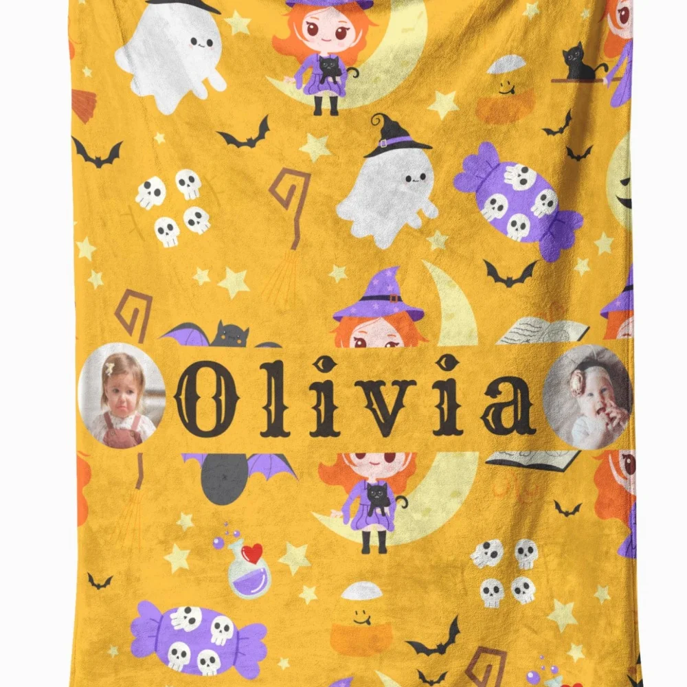 Custom Photo Name Halloween Flannel Fleece Throw Blanket Spooky Ghost Pumpkin Skeleton Pattern Lightweight Cozy Blanket
