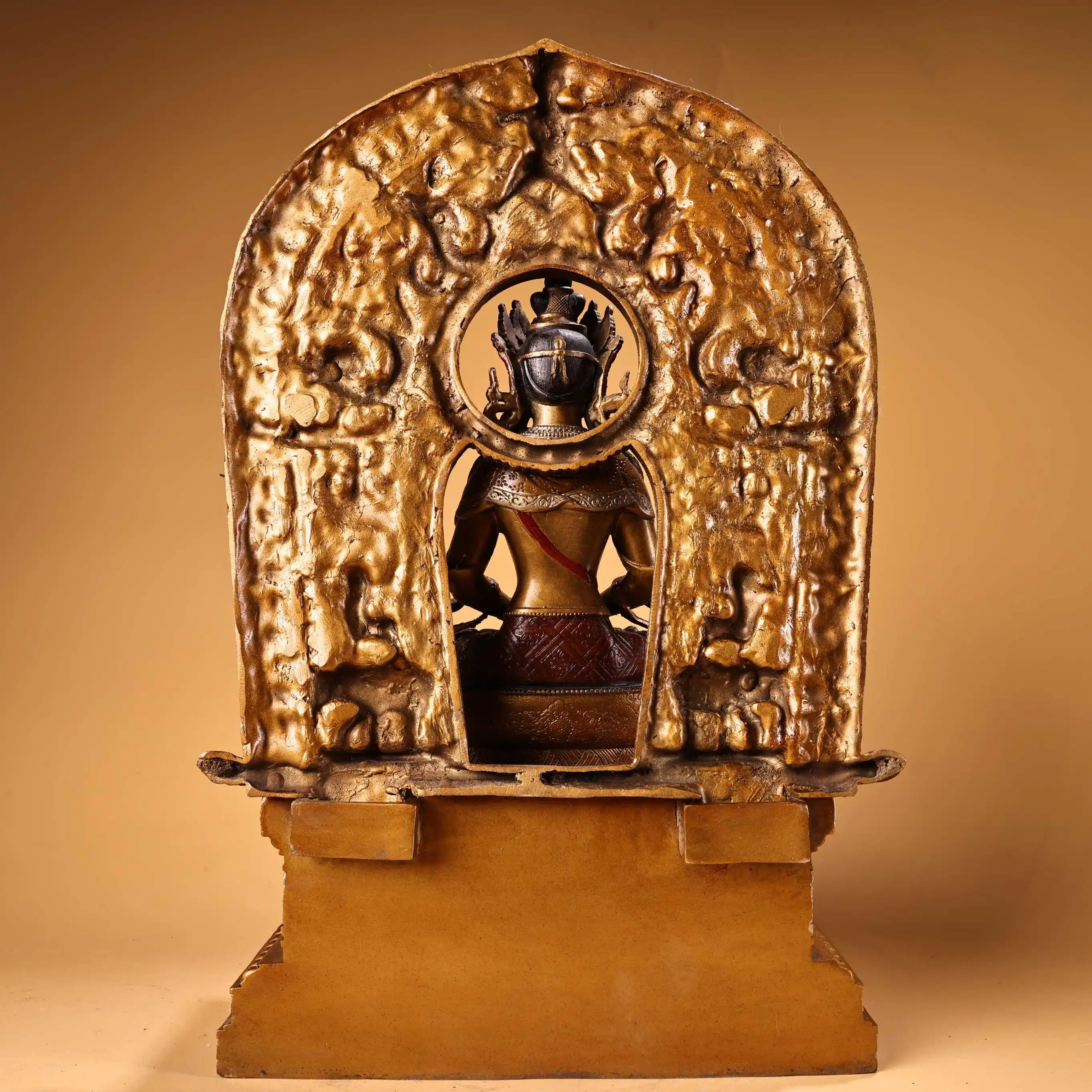 

16"Old Xizang Folk Collection Old Bronze Painted High Relief Longevity Amitayus Buddha Platform Buddhist Niche Worship Hall