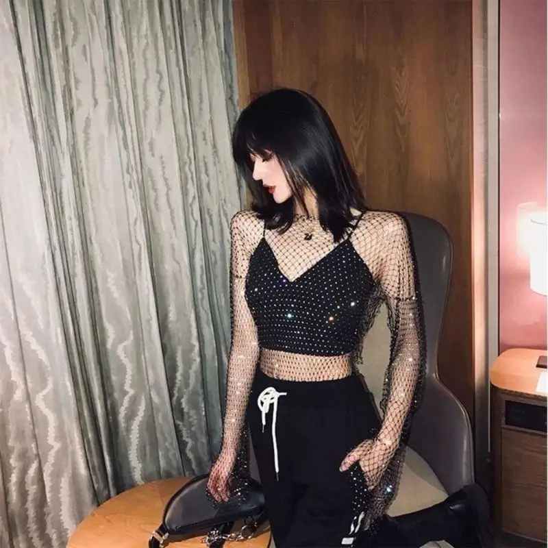 652F Women Summer Sexy Sheer Mesh Long Sleeve T-Shirt Glitter for Rhinestone Diamond Shirts Beach Cover Up Crop