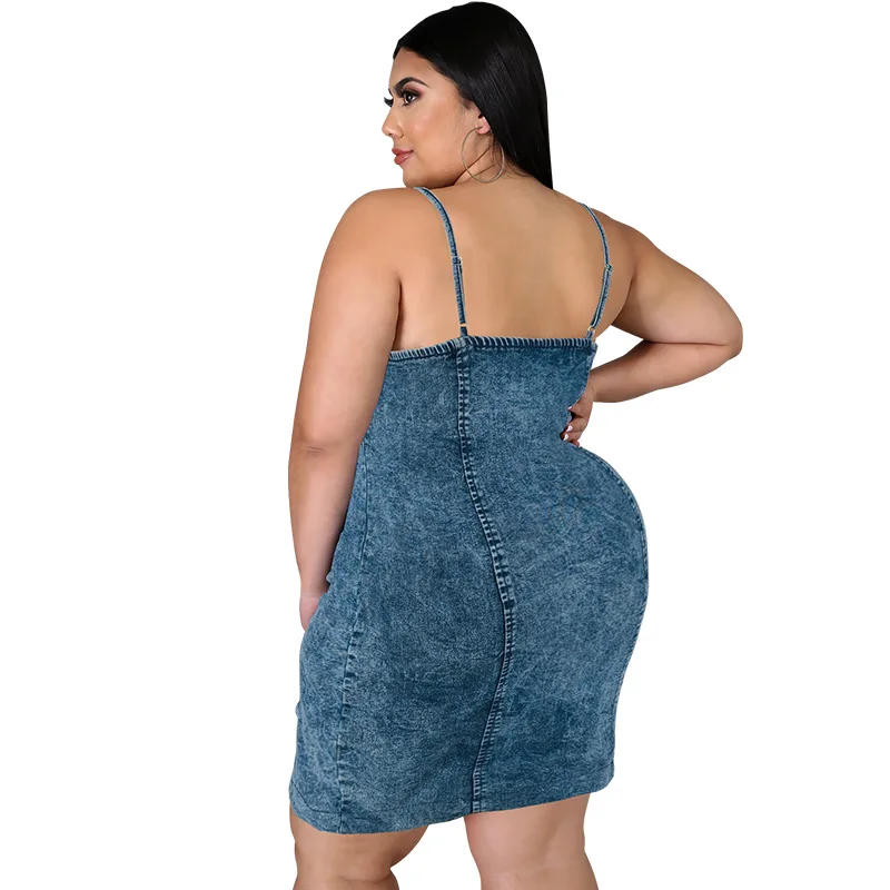 Robe en denim pour femmes, grande taille, sans col en fibre, boutons, extensible, dos nu, bretelles, robes courtes, 4XL, 5XL