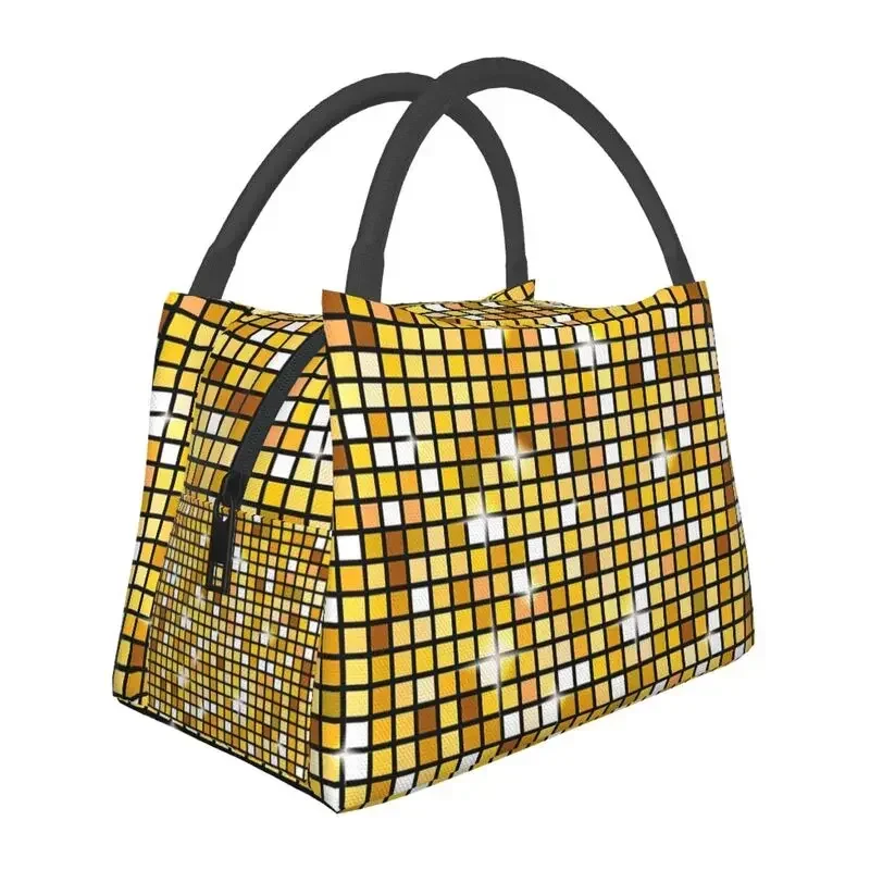 

Gold Disco Ball Glitter Insulated Lunch Bags for Women Portable Cooler Thermal Bento Box Outdoor Camping Travel