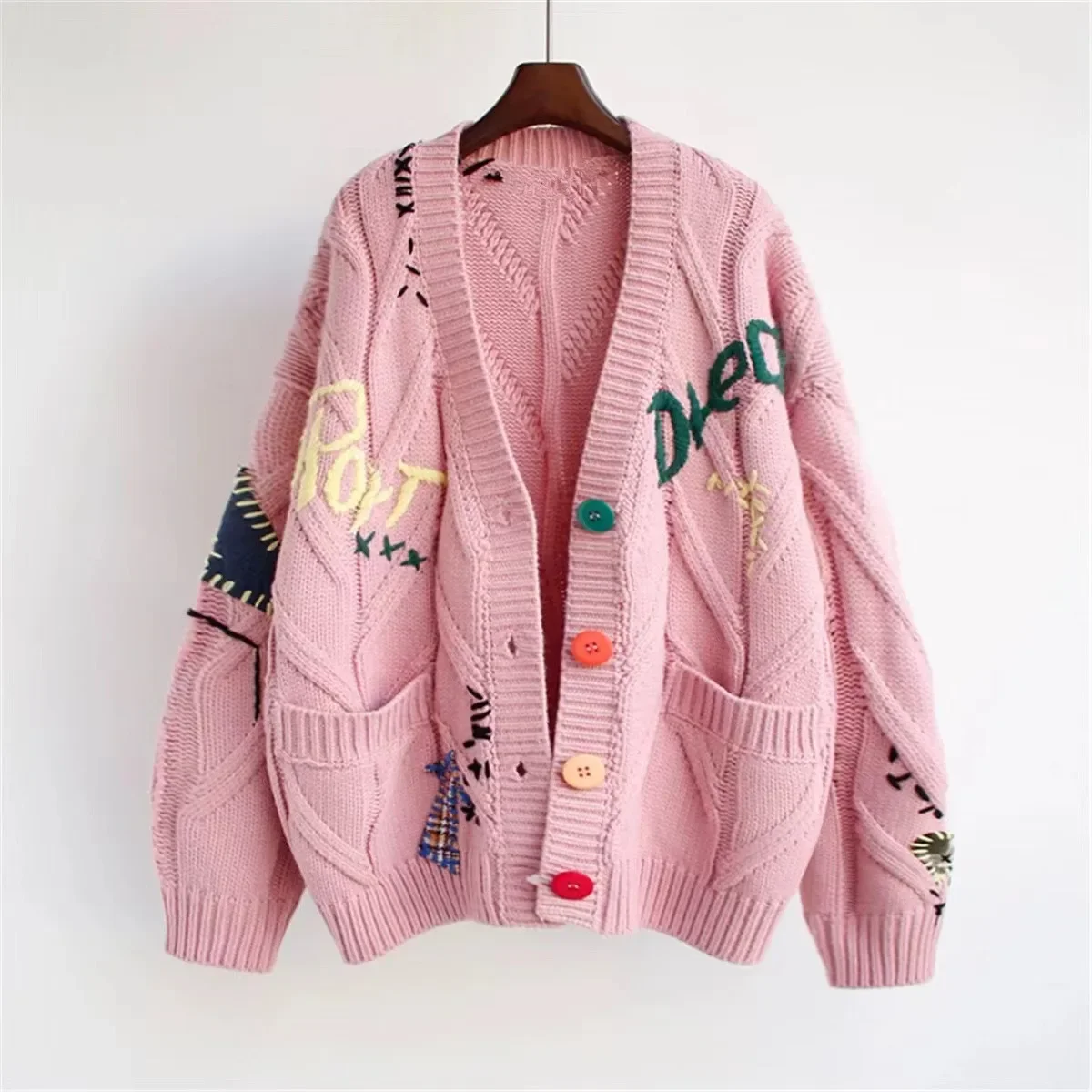 2024 College Style Letter Colored Anti-aging Knitted Cardigan for Women