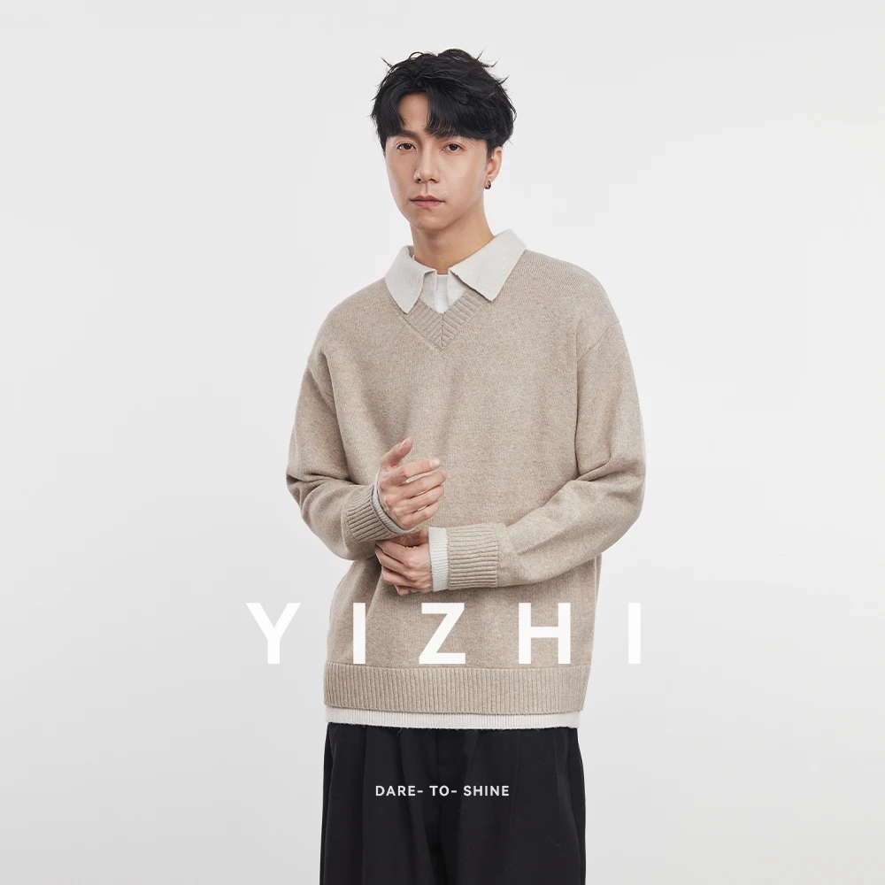 2025 Autumn and Winter New Men's High-grade Shirt Collar Splicing Fake Two-piece Knitted Sweater Loose Men Long-sleeved Sweater